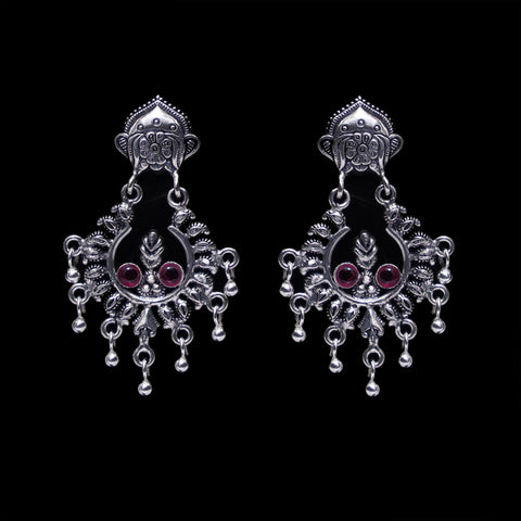 925 Silver Handmade Earring with Ruby Color and Silver Ball Hanging