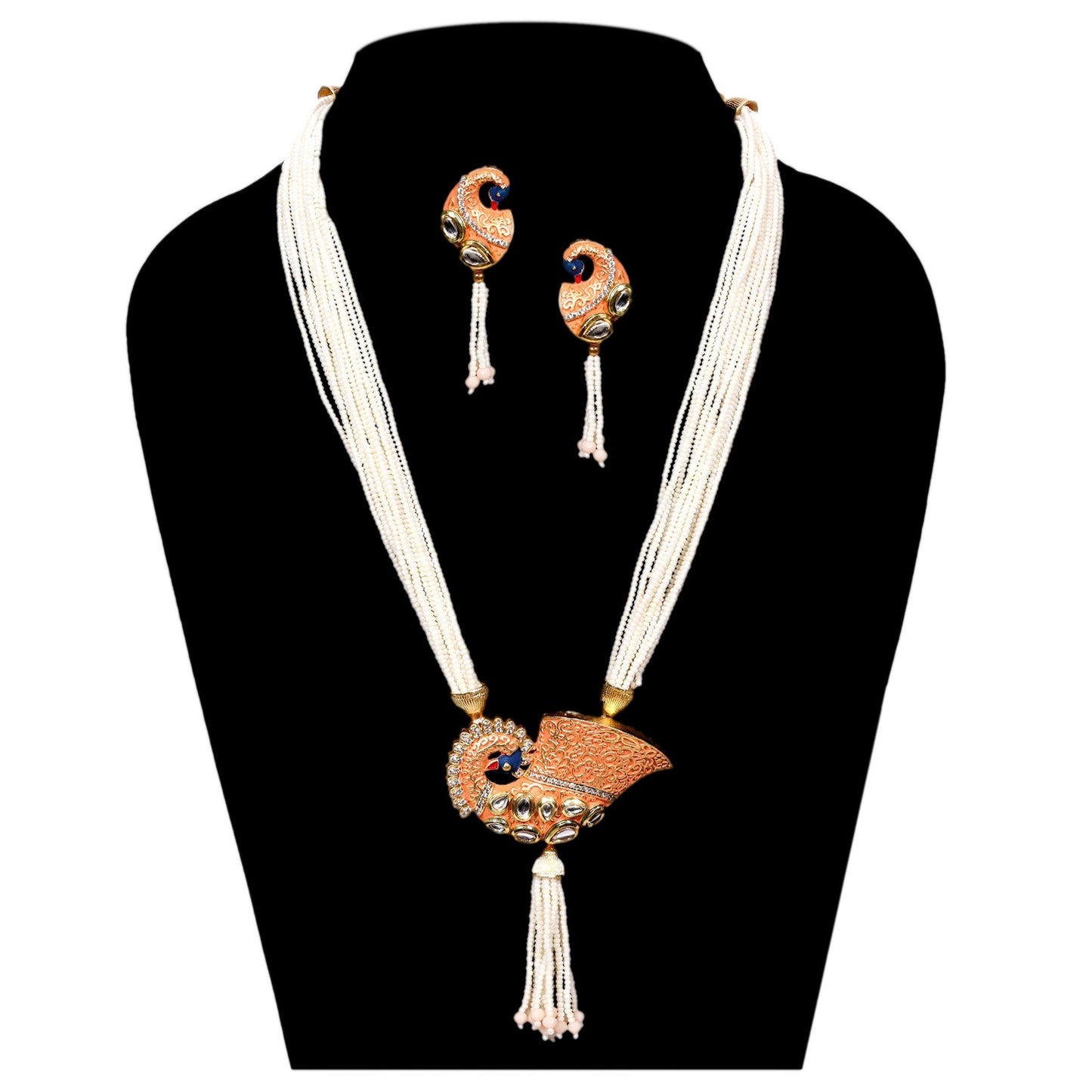 Imeora Designer Orange Multiline Peacock Necklace Set With Handmade Dori