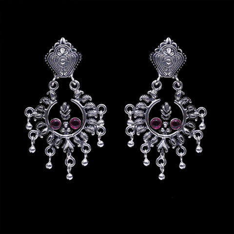 925 Silver Handmade Earring with Ruby Color and Silver Ball Hanging