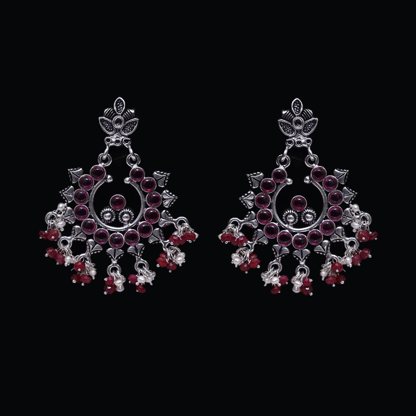 925 Silver Handmade Earring with Ruby Color and Fresh Water Pearl Hanging