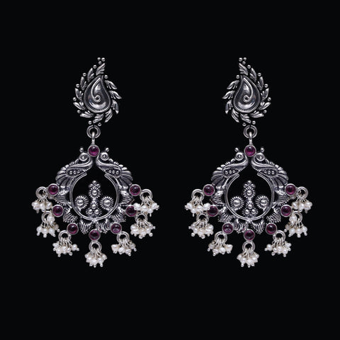 925 Silver Dual Peacock Handmade Earring with Ruby Color and Fresh Water Pearl Hanging
