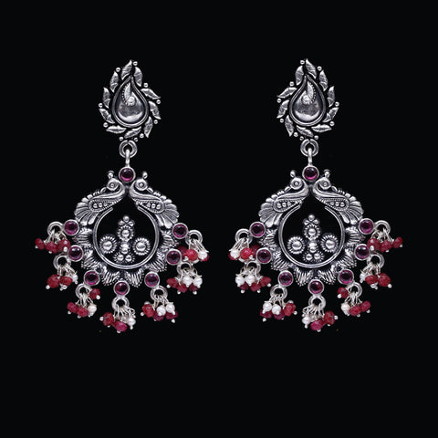 925 Silver Handmade Earring with Ruby Color and Fresh Water Pearl Hanging