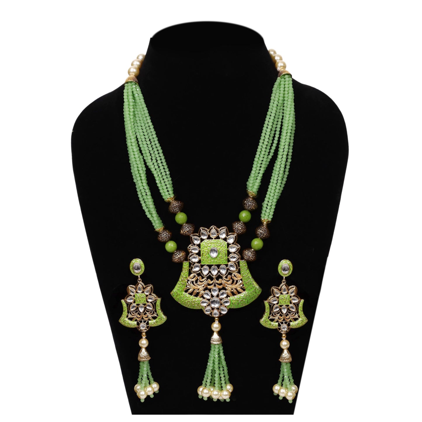 Imeora Designer Green Multiline Pendant Necklace Set With Handmade Dori