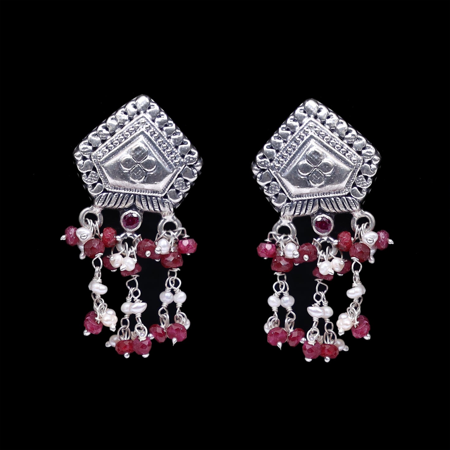 925 Silver Handmade Earring With Ruby Color and Fresh Water Pearls Hanging