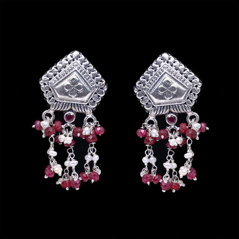 925 Silver Handmade Earring With Ruby Color and Fresh Water Pearls Hanging