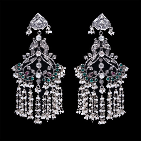 925 SilverFloral Handmade Earrings With Fresh Water Pearls Hanging