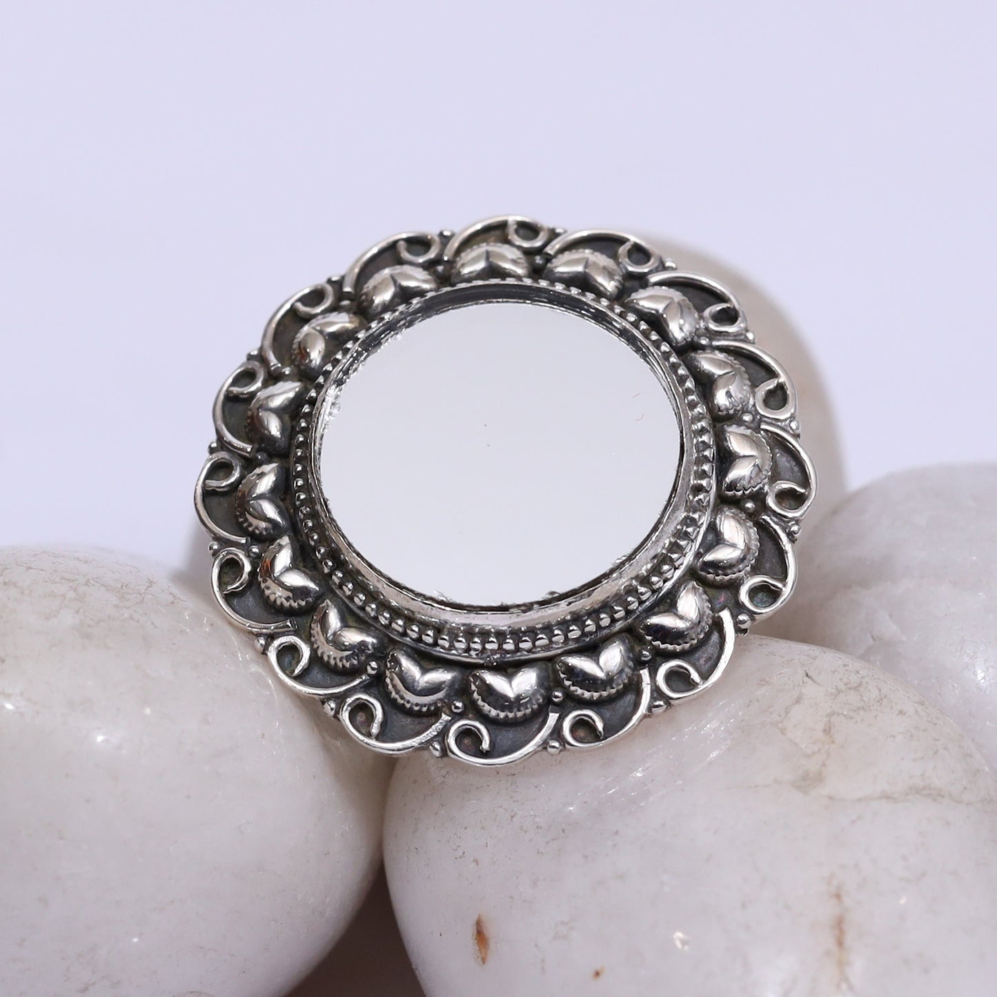 925 Silver Antique Look Adjustable Ring With Mirror