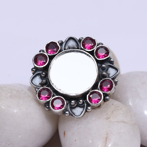 925 Silver Antique Look Ruby Red Adjustable Ring With Mirror