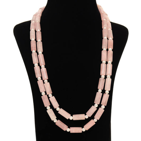 Imeora Double Line Rose Quartz And Pearl Necklace