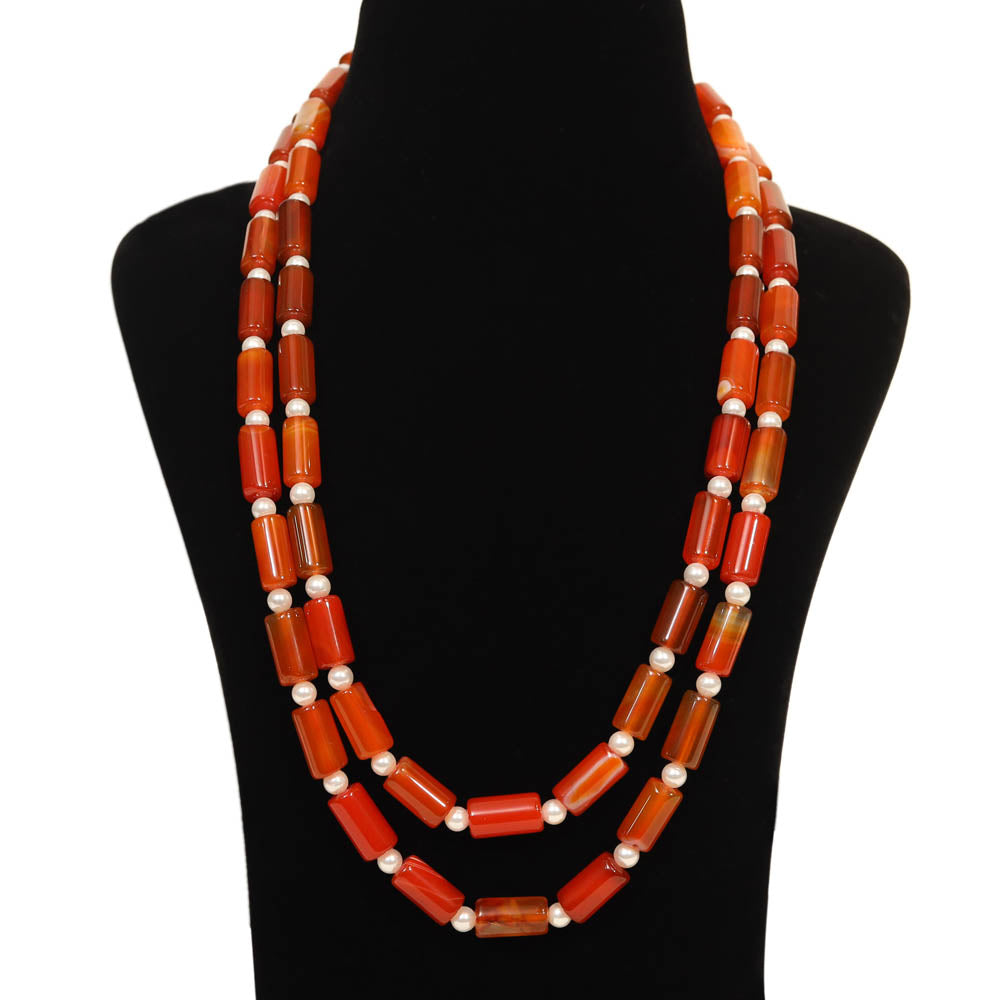 Orange Onyx With White Pearl Necklace