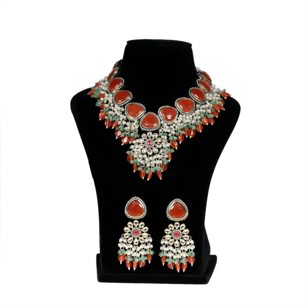 Daniela Floral Necklace Set With Stone Hangings And Dori