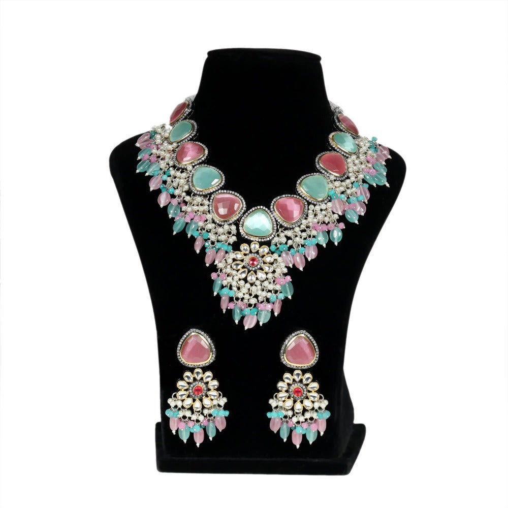 Daniela Floral Necklace Set With Stone Hangings And Dori