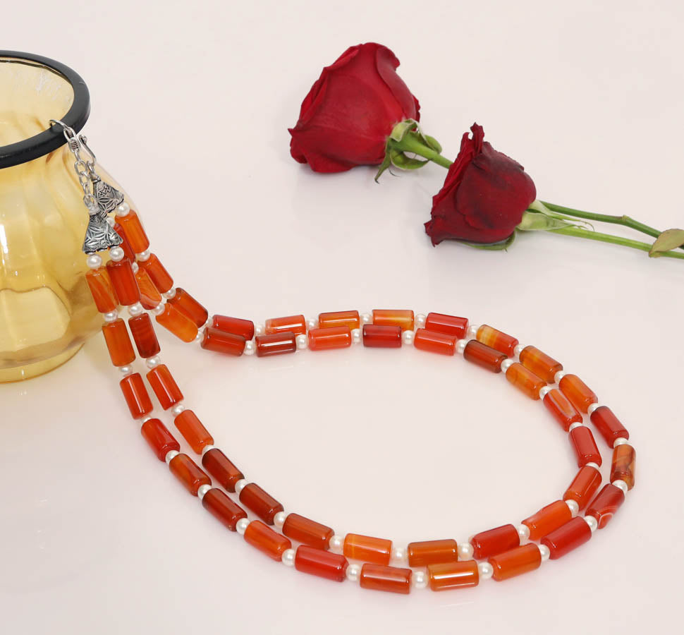 Orange Onyx With White Pearl Necklace