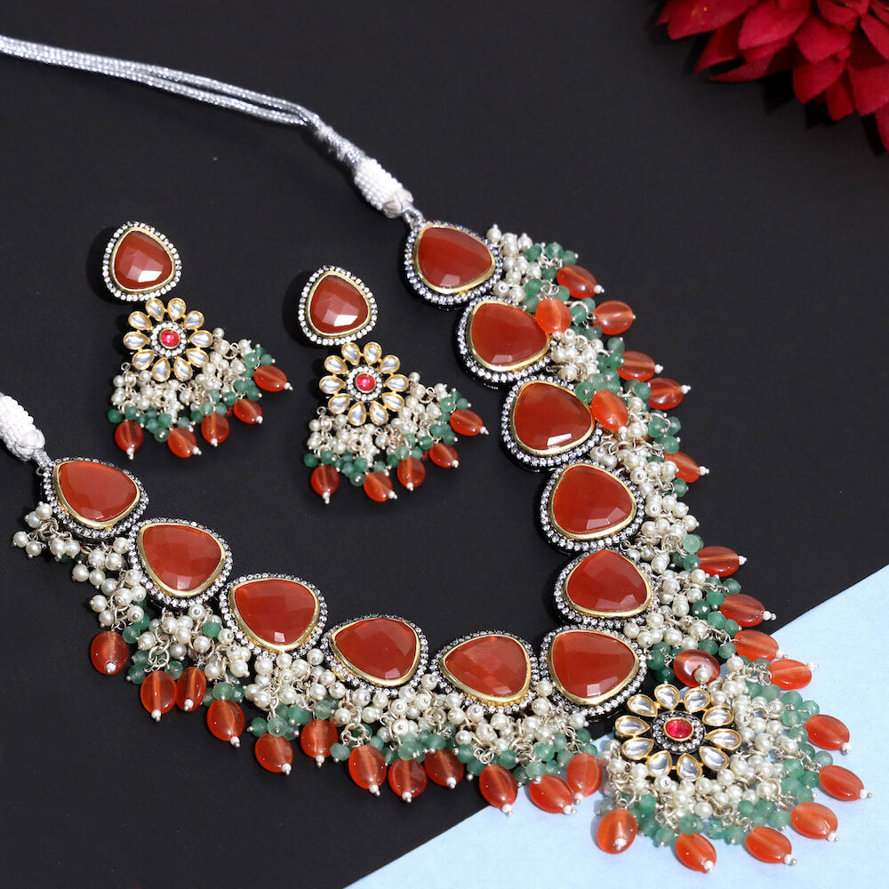 Daniela Floral Necklace Set With Stone Hangings And Dori