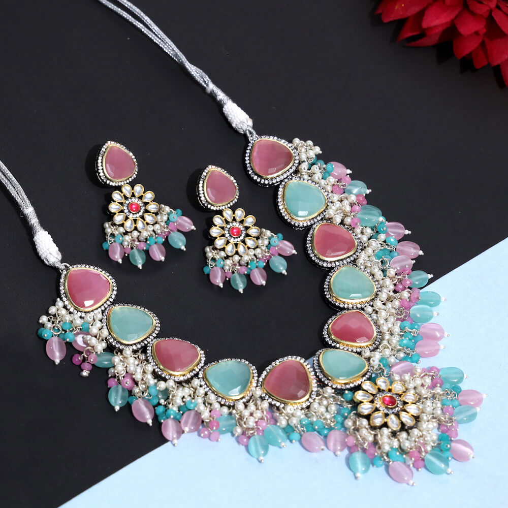 Daniela Floral Necklace Set With Stone Hangings And Dori