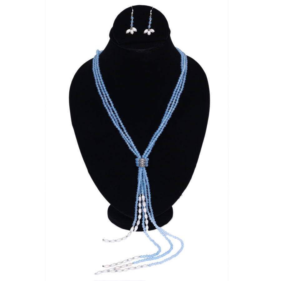 Imeora Light Blue 4mm Beads Long Necklace Set With Adjustable Fancy Lock And Fresh Water Pearls