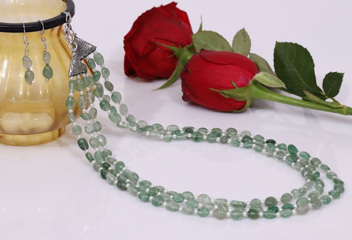 Imeora Tripple Line Prehnite Necklace Set With 4mm Beads and Earrings