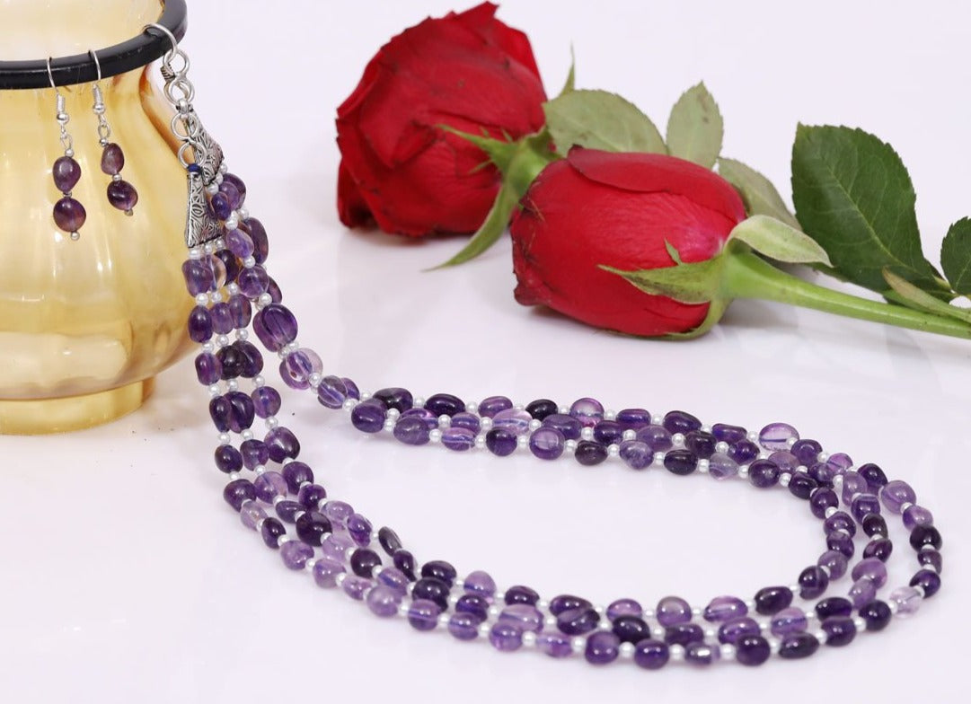 Imeora Tripple Line Dark Amethyst Necklace Set With 4mm Beads And Earrings