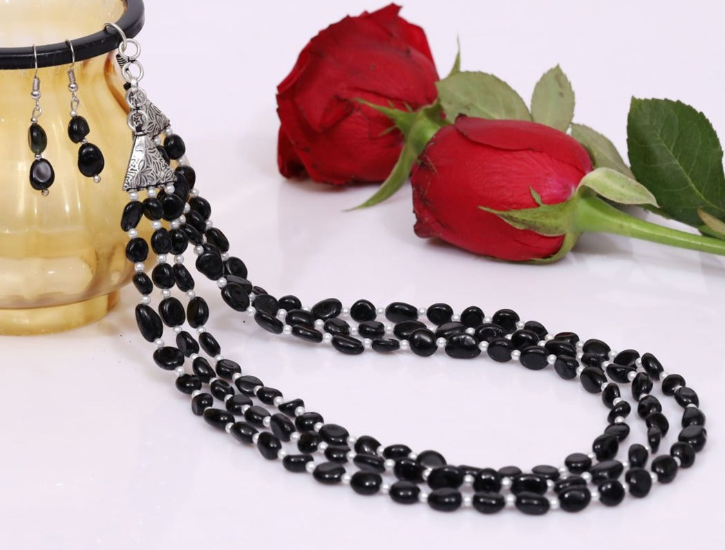 Imeora Tripple Line Black Onyx Necklace Set With 4mm Beads