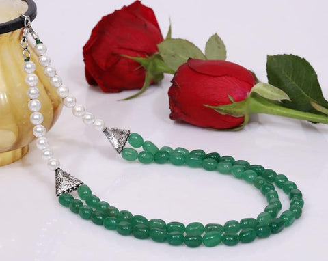 Imeora 8mm White Shell Pearl Double Line Necklace With Green Quartz