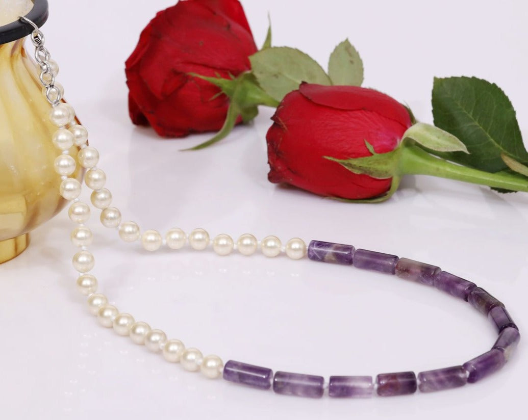 Imeora Real Amethyst Necklace With 8mm Off White Shell Pearl