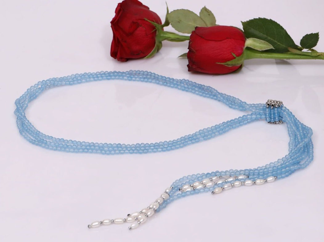 Imeora Light Blue 4mm Beads Long Necklace Set With Adjustable Fancy Lock And Fresh Water Pearls