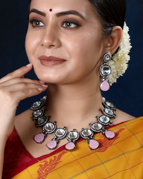 Imeora Designer Necklace Set With Five Pink Stone Hangings And Handmade Dori