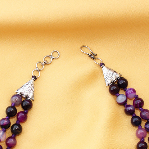 Imeora Knotted Purple Agate Graduation Double Line Necklace With 8mm Earrings