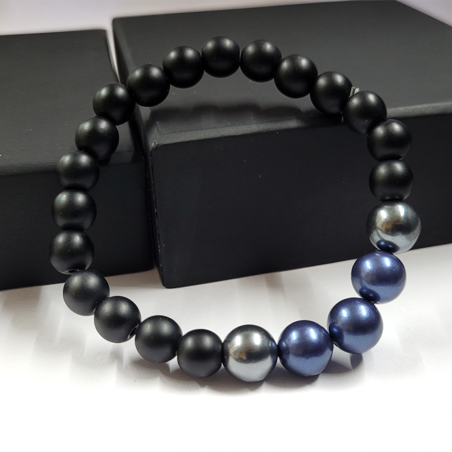 Blue And Metallic Black Shell Pearls 10mm Bracelet With 8mm Black Beads