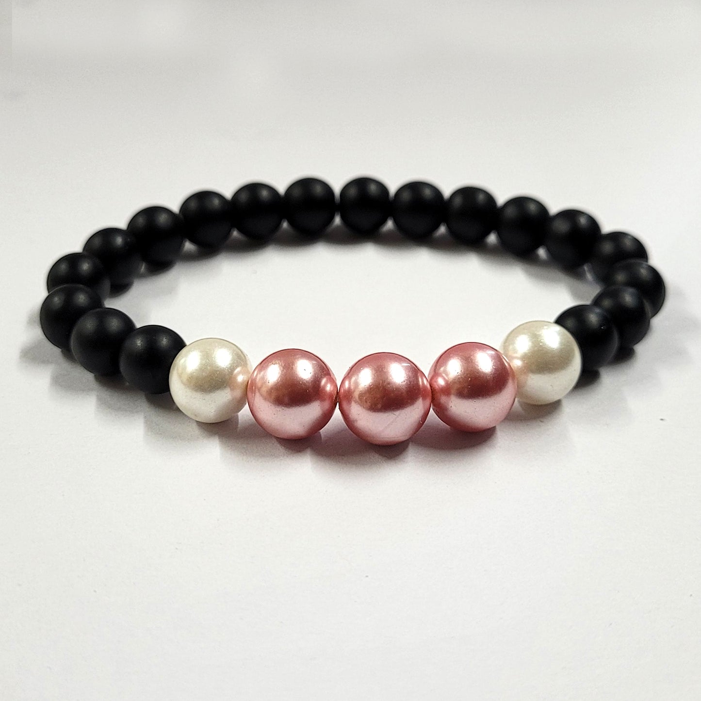 Dark Pink And White Shell Pearls 10mm Bracelet With 8mm Black Beads