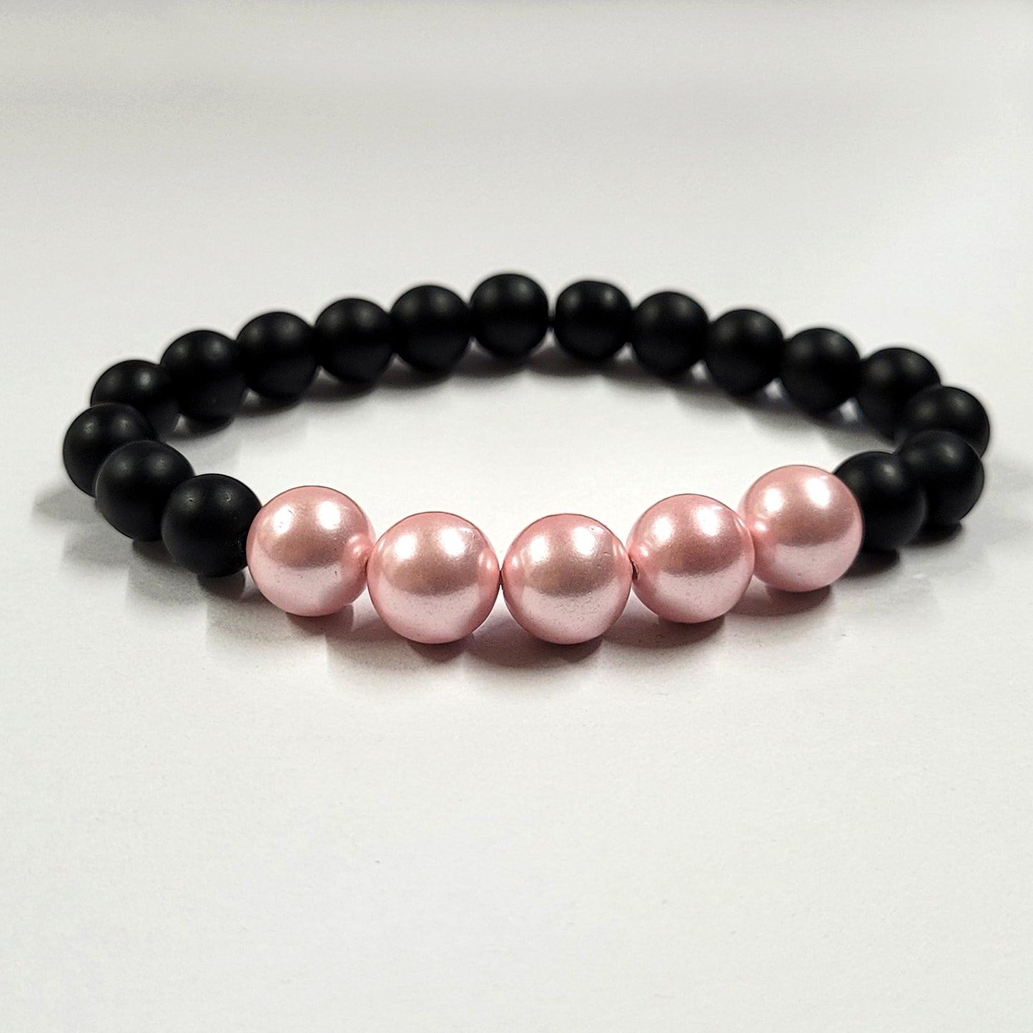 Pink Shell Pearls 10mm Bracelet With 8mm Black Beads