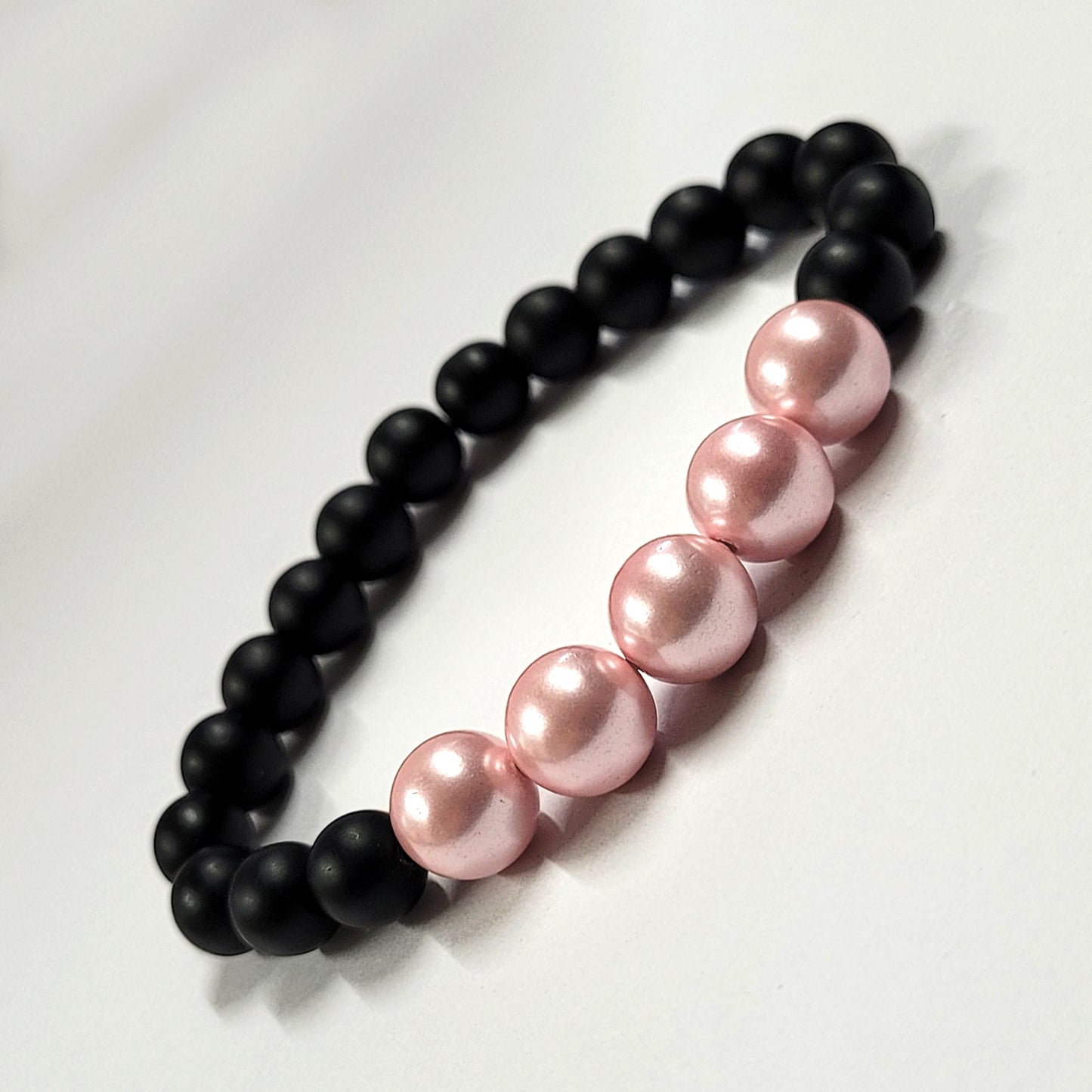 Pink Shell Pearls 10mm Bracelet With 8mm Black Beads