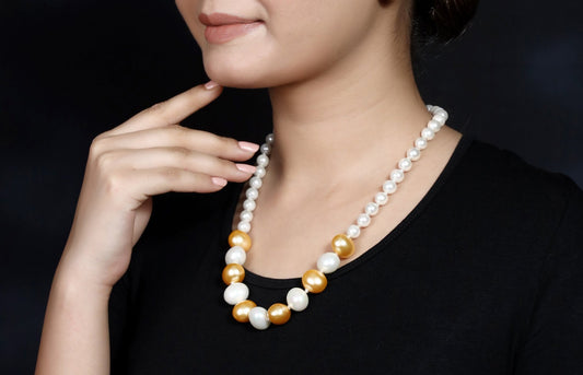 Imeora Knotted White 8mm Egg Shell Pearl Necklace With Alternate White Golden Egg Shell Pearl