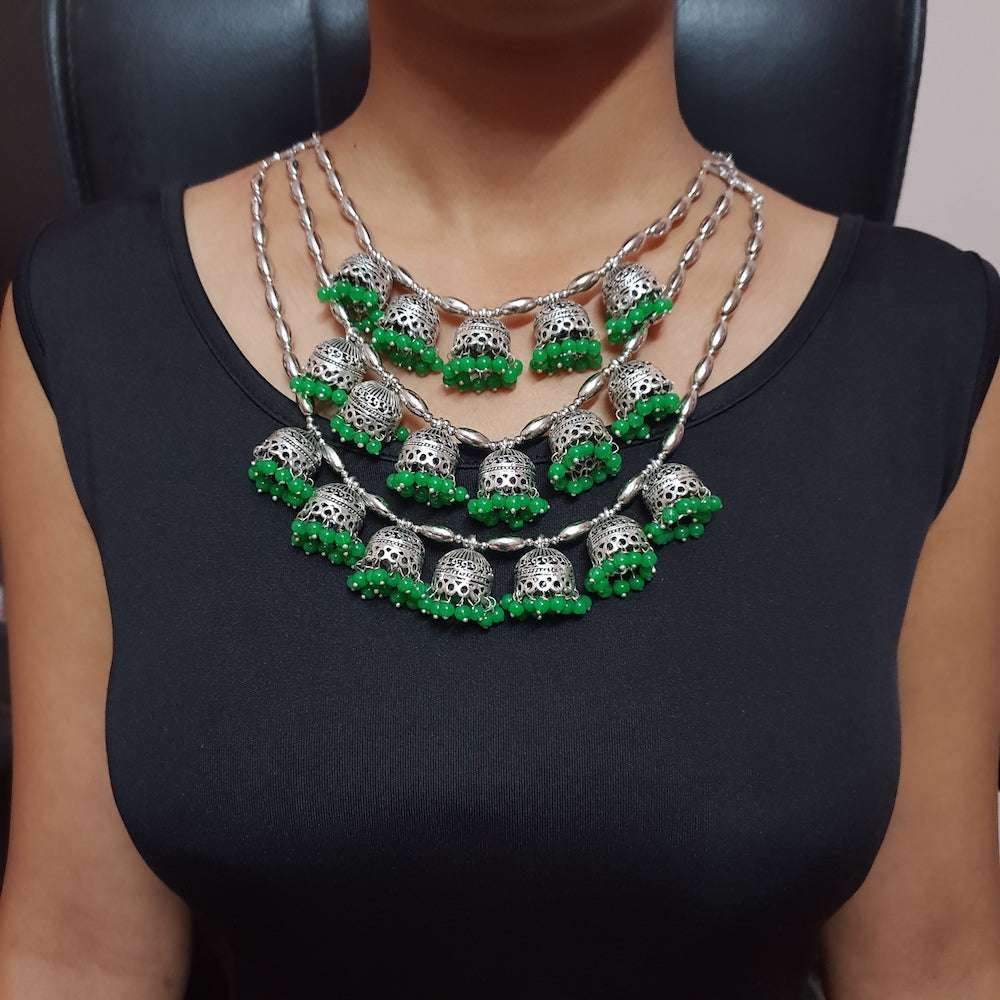 Imeora Multi Jhumki Tribal Necklace with Green Hangings