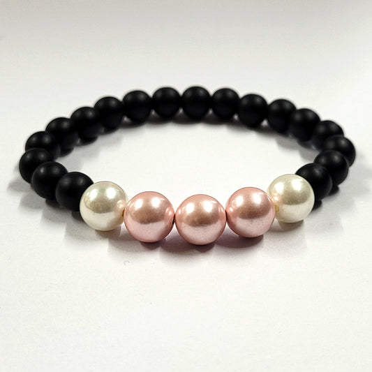 Pink And White Shell Pearls 10mm Bracelet With 8mm Black Beads