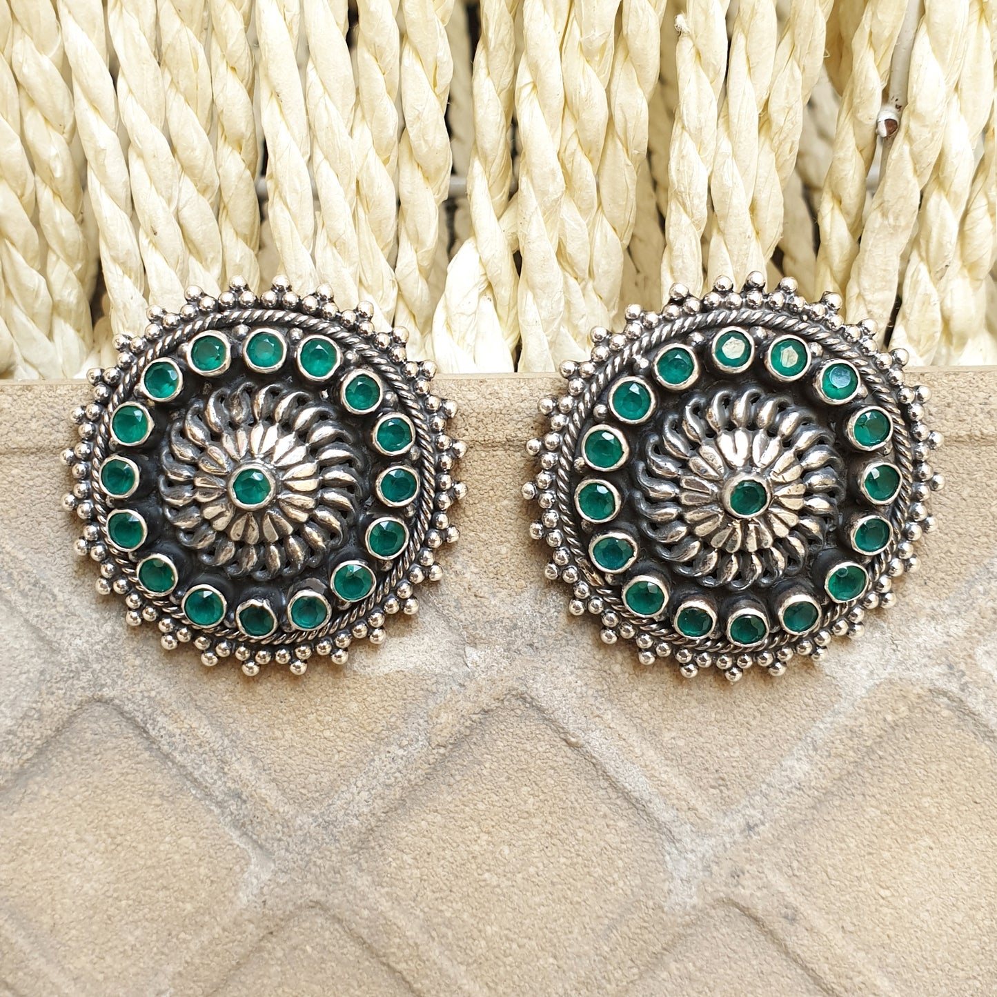 925 Oxidised Silver With Green Stone Studs