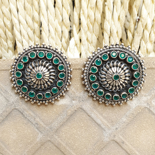 925 Oxidised Silver With Green Stone Studs