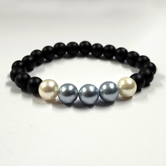 Light Blue And White Shell Pearls 10mm Bracelet With 8mm Black Beads