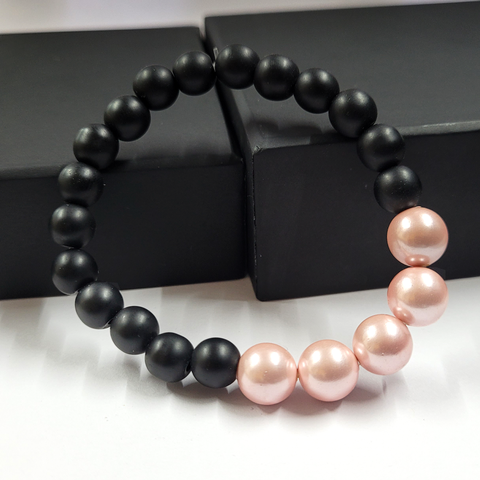 Pink Shell Pearls 10mm Bracelet With 8mm Black Beads