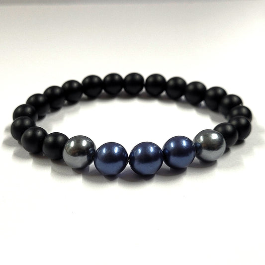 Blue And Metallic Black Shell Pearls 10mm Bracelet With 8mm Black Beads