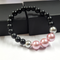 Silver And Pink Shell Pearls Bracelet With 8mm Black Beads