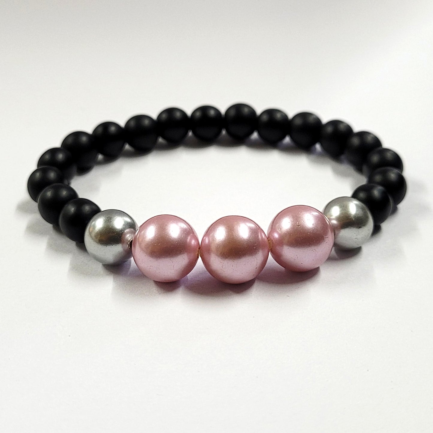 Silver And Pink Shell Pearls Bracelet With 8mm Black Beads