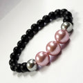 Silver And Pink Shell Pearls Bracelet With 8mm Black Beads