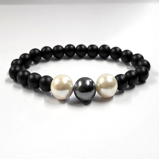 Metallic Black And White Shell Pearls 12mm Bracelet With 8mm Black Beads