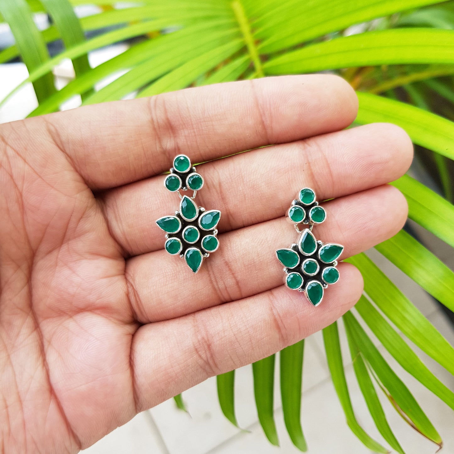 925 Silver Exclusive Green Stud With Green Flower Hanging