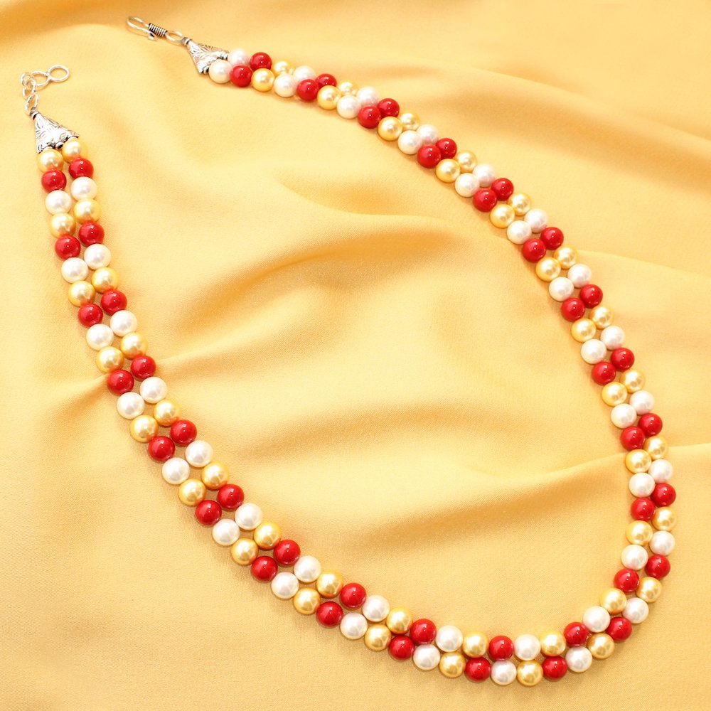 Imeora Red Golden White 8mm Double Line Shell Pearl Necklace