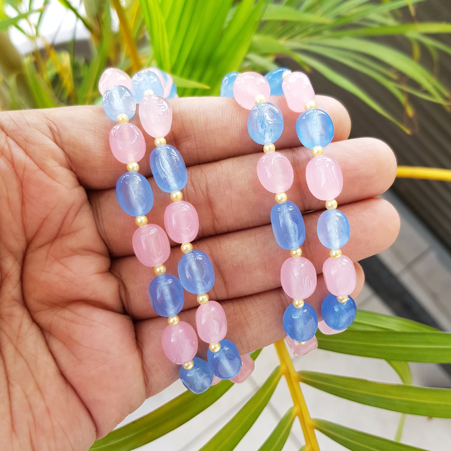 Imeora Pink Blue Quartz Double Line Necklace With Earrings