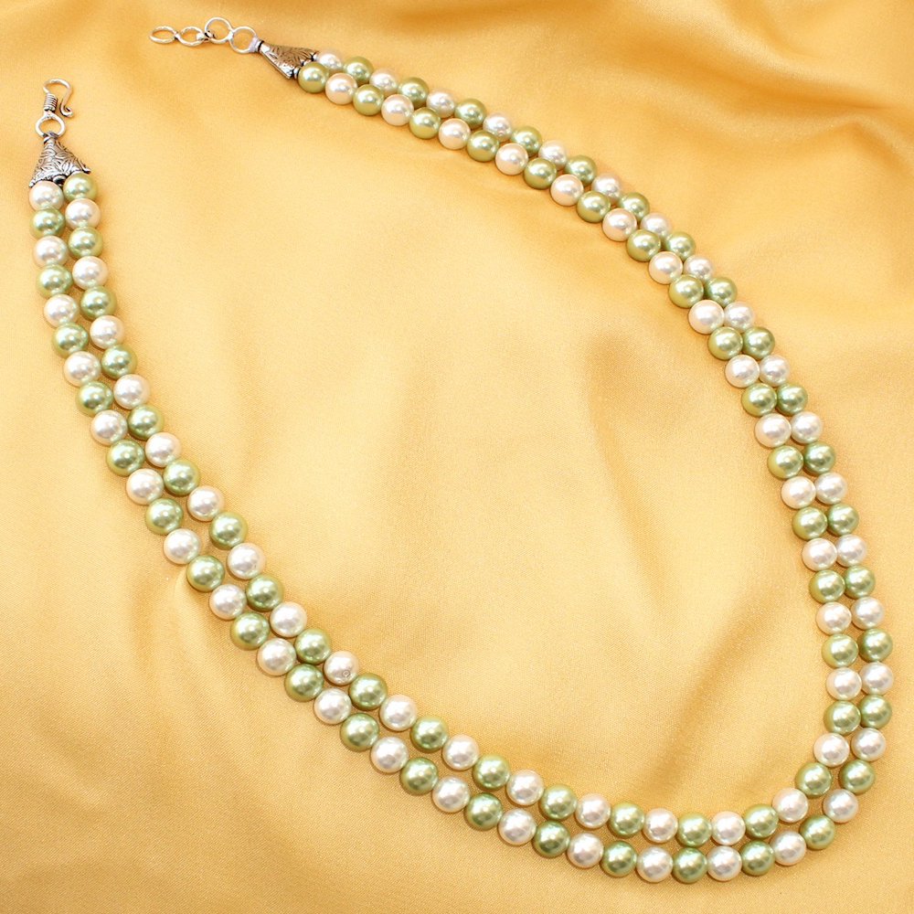 Imeora White Green Two Tone 8mm Double Line Shell Pearl Necklace With 10mm Green Shell Pearl Studs