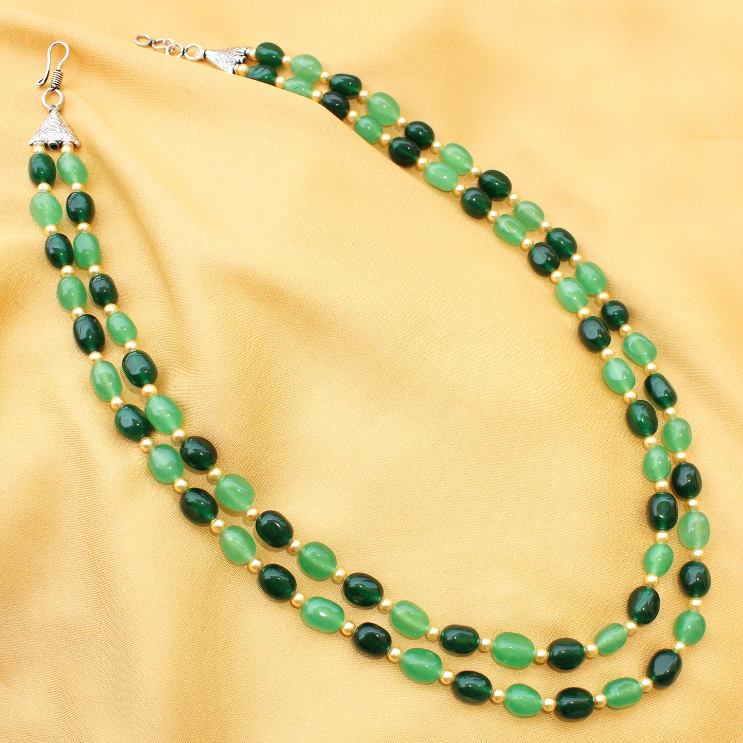 Imeora Dual Tone Green Quartz Double Line Necklace With Earrings