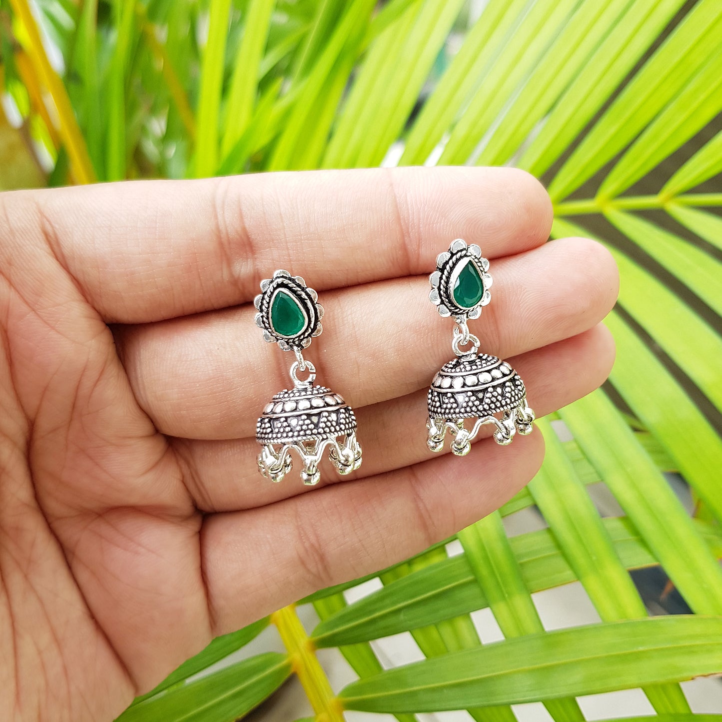 925 Silver Green Top With Ghungroo Jhumki